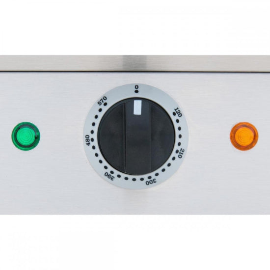 Cookline PG-1 Commercial Panini Press with grooved top and bottom plates, 120V. Ideal for paninis, burgers, and more with even heat, grill marks, and durable stainless steel construction.