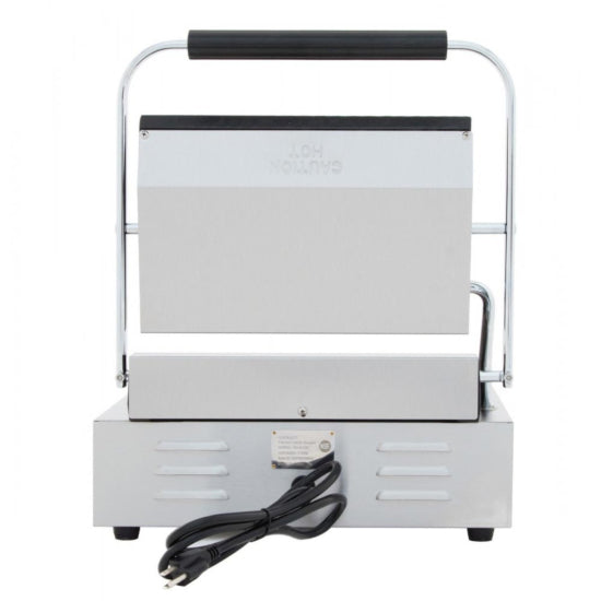 Cookline PG-1 Commercial Panini Press with grooved top and bottom plates, 120V. Ideal for paninis, burgers, and more with even heat, grill marks, and durable stainless steel construction.