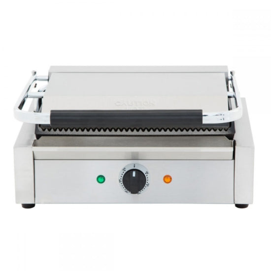 Cookline PG-1 Commercial Panini Press with grooved top and bottom plates, 120V. Ideal for paninis, burgers, and more with even heat, grill marks, and durable stainless steel construction.