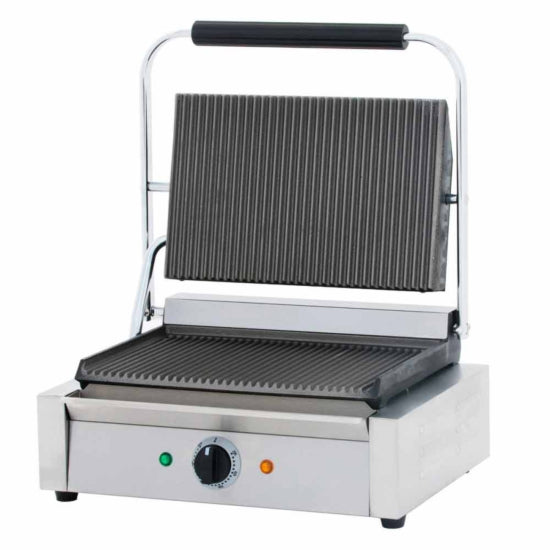 Cookline PG-1 Commercial Panini Press with grooved top and bottom plates, 120V. Ideal for paninis, burgers, and more with even heat, grill marks, and durable stainless steel construction.