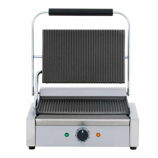 Cookline PG-1 Commercial Panini Press with grooved top and bottom plates, 120V. Ideal for paninis, burgers, and more with even heat, grill marks, and durable stainless steel construction.
