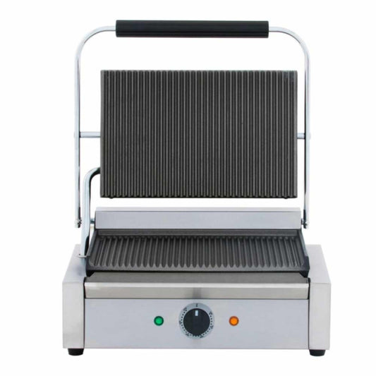 Cookline PG-1 Commercial Panini Press with grooved top and bottom plates, 120V. Ideal for paninis, burgers, and more with even heat, grill marks, and durable stainless steel construction.