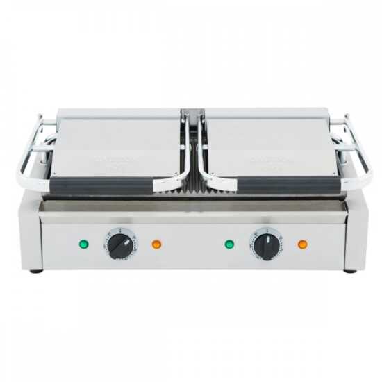 Cookline PG-2 double commercial panini/sandwich press with a grooved surface, operating on 120V, designed for efficiently grilling sandwiches and paninis in busy kitchens.