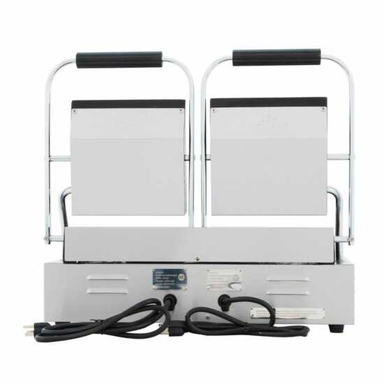 Cookline PG-2 double commercial panini/sandwich press with a grooved surface, operating on 120V, designed for efficiently grilling sandwiches and paninis in busy kitchens.