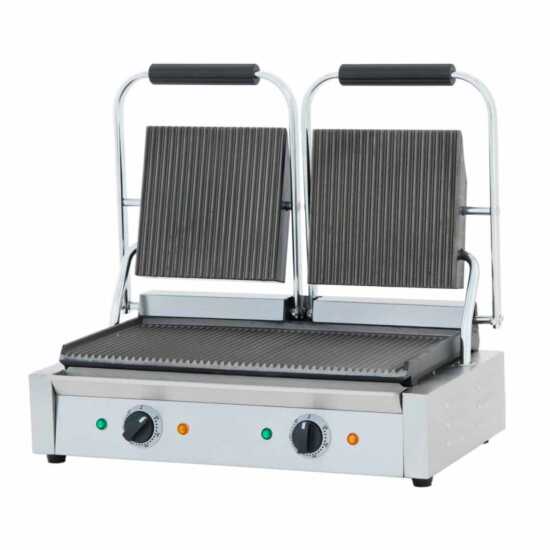 Cookline PG-2 double commercial panini/sandwich press with a grooved surface, operating on 120V, designed for efficiently grilling sandwiches and paninis in busy kitchens.
