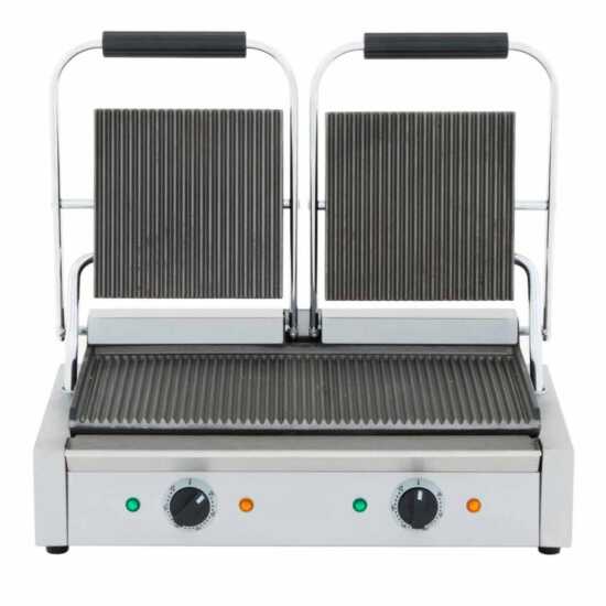 Cookline PG-2 double commercial panini/sandwich press with a grooved surface, operating on 120V, designed for efficiently grilling sandwiches and paninis in busy kitchens.