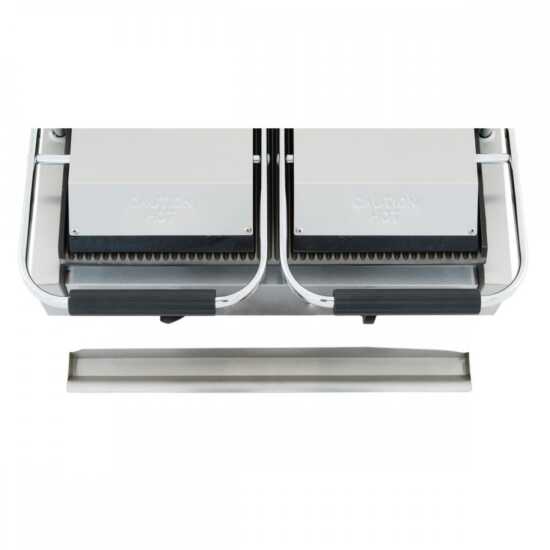 Cookline PG-2 double commercial panini/sandwich press with a grooved surface, operating on 120V, designed for efficiently grilling sandwiches and paninis in busy kitchens.