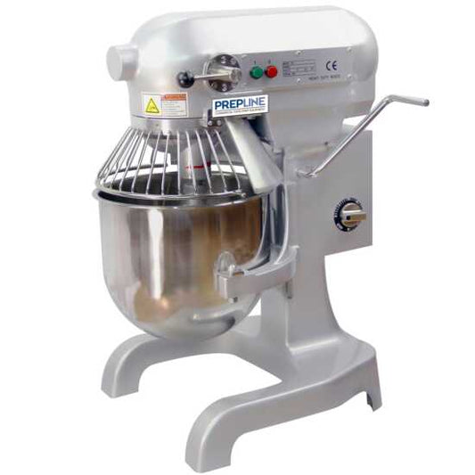 Prepline PHLM10B-T 10 qt. heavy-duty gear-driven planetary mixer with timer, ideal for efficient mixing of doughs, batters, and other ingredients in commercial kitchens and bakeries.