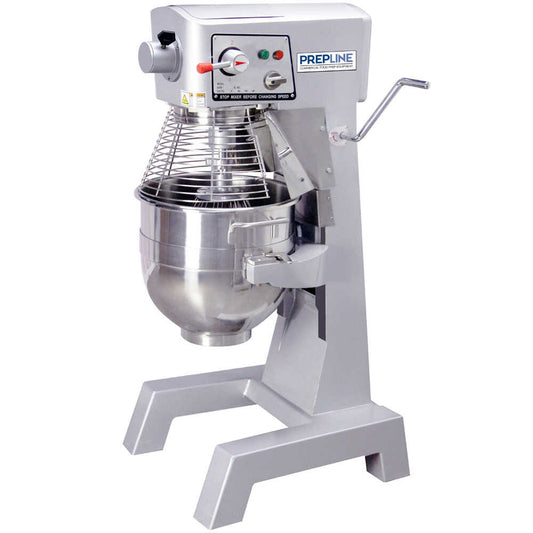 Prepline PHLM30B-T 30 qt. heavy-duty gear-driven planetary mixer with timer, designed for high-capacity and efficient mixing of dough, batters, and other ingredients in commercial kitchens and bakeries.