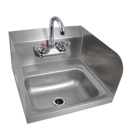 The Prepline PHS16-SP 16" hand sink with 2 side splashes and faucet, NSF certified, provides hygienic handwashing with splash protection, ideal for maintaining cleanliness in commercial kitchens and foodservice areas.