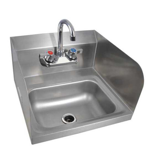 The Prepline PHS16-SP 16" hand sink with 2 side splashes and faucet, NSF certified, provides hygienic handwashing with splash protection, ideal for maintaining cleanliness in commercial kitchens and foodservice areas.