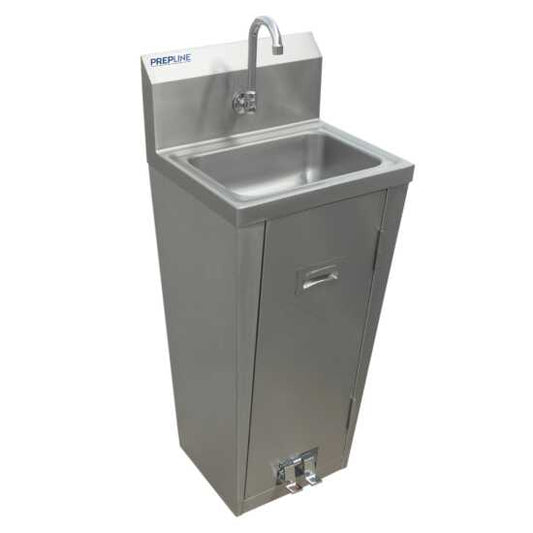 The Prepline PHSP hands-free hand sink with pedestal base offers a touchless, sanitary handwashing solution, promoting hygiene and cleanliness in commercial kitchens and foodservice establishments.
