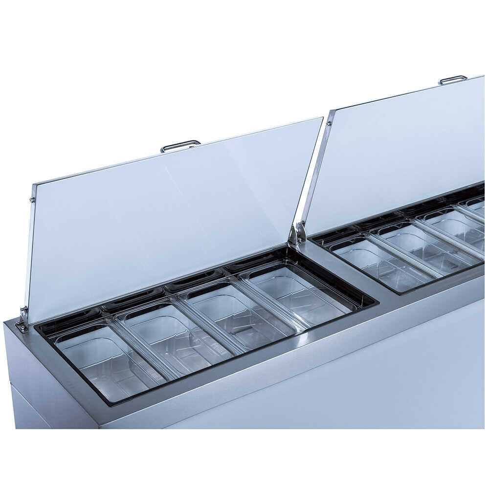 Coldline CPT-72 71-inch refrigerated pizza prep table with 9 pans. Ideal for busy pizzerias, featuring ample refrigerated storage for ingredients and a spacious prep area to enhance efficiency.