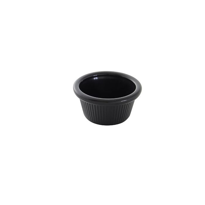 Thunder Group Fluted Ramekin 12/Pcs is a small ceramic-like bowl that will be perfect for serving various dishes. Made from durable melamine such ramekin can withstand long-time use and is effortless in maintenance. Due to its stain-proof abilities, you can serve different acidic sauces, and it would not change its deep black color. It is also scratch-resistant with smooth on the inside easy-to-clean surface. 
