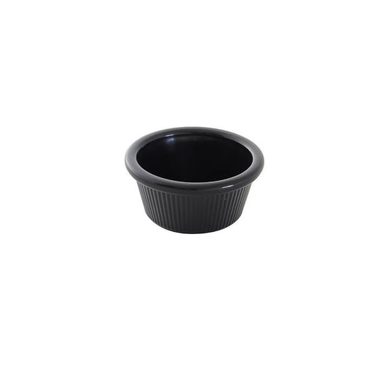 Thunder Group Fluted Ramekin 12/Pcs is a small ceramic-like bowl that will be perfect for serving various dishes. Made from durable melamine such ramekin can withstand long-time use and is effortless in maintenance. Due to its stain-proof abilities, you can serve different acidic sauces, and it would not change its deep black color. It is also scratch-resistant with smooth on the inside easy-to-clean surface. 