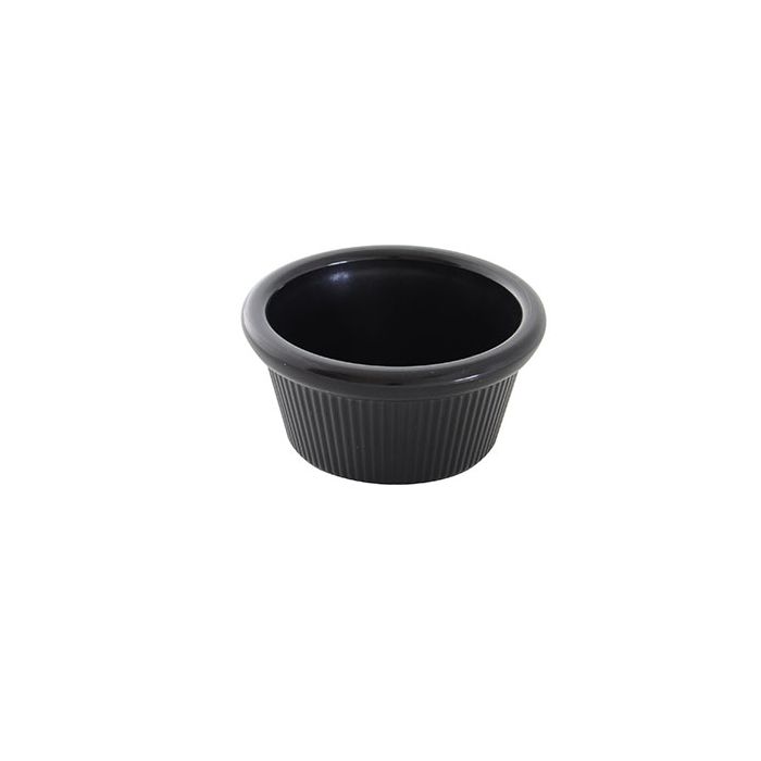 Thunder Group Fluted Ramekin 12/Pcs is a small ceramic-like bowl that will be perfect for serving various dishes. Made from durable melamine such ramekin can withstand long-time use and is effortless in maintenance. Due to its stain-proof abilities, you can serve different acidic sauces, and it would not change its deep black color. It is also scratch-resistant with smooth on the inside easy-to-clean surface. 