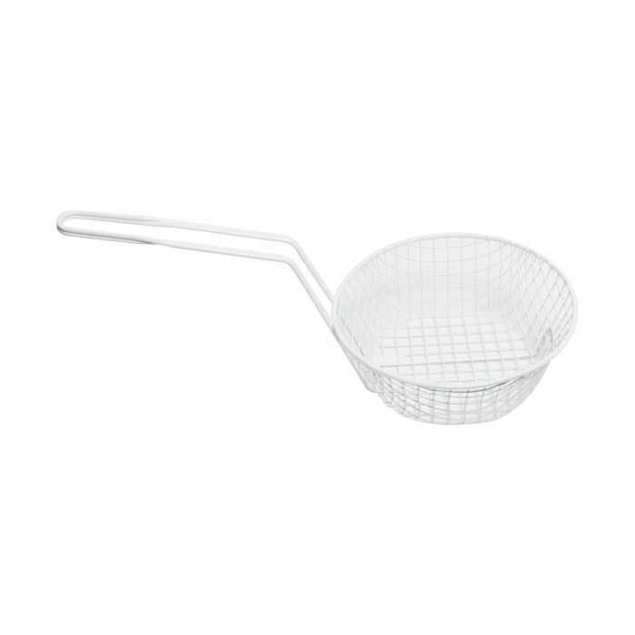 Thunder Group Round Coarse Mesh Breading Basket is perfect for preparing battered or breaded food like chicken and mozzarella sticks. Built with an angled handle, this basket keeps your hands away from heat while providing a secure grip. Thanks to its coarse mesh wiring, this breading basket is strong enough to be used for deep frying and draining excess oil from foods while maintaining its shape. For added convenience, this round breading basket features a plastic coating for easy clean up.
