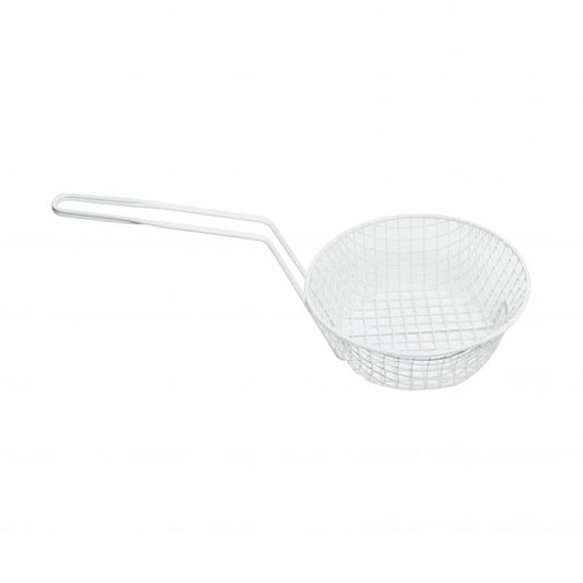 Thunder Group Round Coarse Mesh Breading Basket is perfect for preparing battered or breaded food like chicken and mozzarella sticks. Built with an angled handle, this basket keeps your hands away from heat while providing a secure grip. Thanks to its coarse mesh wiring, this breading basket is strong enough to be used for deep frying and draining excess oil from foods while maintaining its shape. For added convenience, this round breading basket features a plastic coating for easy clean up.