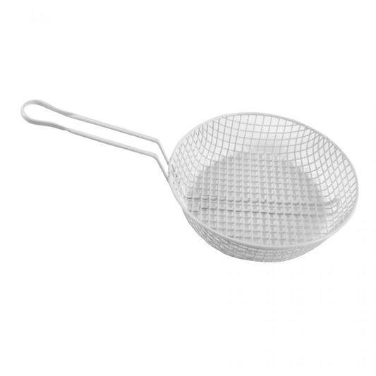Thunder Group Round Coarse Mesh Breading Basket is perfect for preparing battered or breaded food like chicken and mozzarella sticks. Built with an angled handle, this basket keeps your hands away from heat while providing a secure grip. Thanks to its coarse mesh wiring, this breading basket is strong enough to be used for deep frying and draining excess oil from foods while maintaining its shape. For added convenience, this round breading basket features a plastic coating for easy clean up.