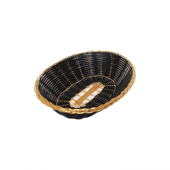 Thunder Group Oval Woven Bread Basket blends sophistication with everyday practicality, making it a standout solution for upscale dining and retail environments. Measuring 9 inches in length, 6.875 inches in width, and 2.25 inches in height, this woven basket is crafted from break-resistant plastic to withstand the rigors of commercial use. The sleek black finish paired with gold trim adds a refined, decorative touch, perfect for enhancing the presentation of bread, fruit, or small appetizers. 
