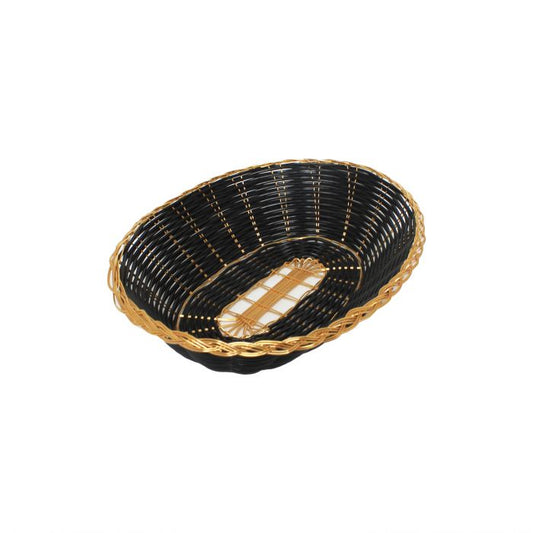 Thunder Group Oval Woven Bread Basket blends sophistication with everyday practicality, making it a standout solution for upscale dining and retail environments. Measuring 9 inches in length, 6.875 inches in width, and 2.25 inches in height, this woven basket is crafted from break-resistant plastic to withstand the rigors of commercial use. The sleek black finish paired with gold trim adds a refined, decorative touch, perfect for enhancing the presentation of bread, fruit, or small appetizers. 