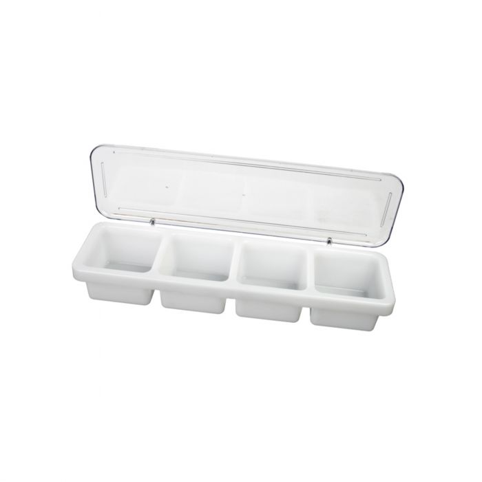 Thunder Group 4 Compartment Bar Caddie with Clear Cover can be used to easily serve your customers with different garnishes, like sliced lemon and other fruits. Designed with four compartments, this dispenser keeps your garnishes organized fresh while its lid provides protection against airborne contamination. Thanks to its durable plastic construction, this bar caddy is strong enough to withstand high volume service.