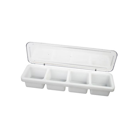 Thunder Group 4 Compartment Bar Caddie with Clear Cover can be used to easily serve your customers with different garnishes, like sliced lemon and other fruits. Designed with four compartments, this dispenser keeps your garnishes organized fresh while its lid provides protection against airborne contamination. Thanks to its durable plastic construction, this bar caddy is strong enough to withstand high volume service.