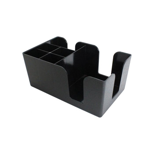 Thunder Group Bar Caddy with 6 Compartment can be used to easily serve your customers with different garnishes, like sliced lemon and other fruits. Designed with four compartments, this dispenser keeps your garnishes organized fresh while its lid provides protection against airborne contamination. Thanks to its durable plastic construction, this bar caddy is strong enough to withstand high volume service.
