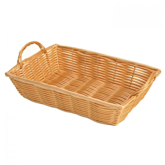Thunder Group Hand-Woven Basket With Handle is a practical and durable solution for organizing items in various settings. Handwoven from break-resistant polypropylene, this basket is built to withstand frequent use while maintaining its structure and appearance. With a neutral tan color and stackable design, it blends seamlessly into diverse environments such as restaurants, hotels, retail spaces, and home interiors.