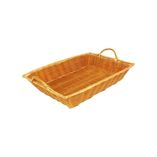 Thunder Group Hand-Woven Basket With Handle is a practical and durable solution for organizing items in various settings. Handwoven from break-resistant polypropylene, this basket is built to withstand frequent use while maintaining its structure and appearance. With a neutral tan color and stackable design, it blends seamlessly into diverse environments such as restaurants, hotels, retail spaces, and home interiors.