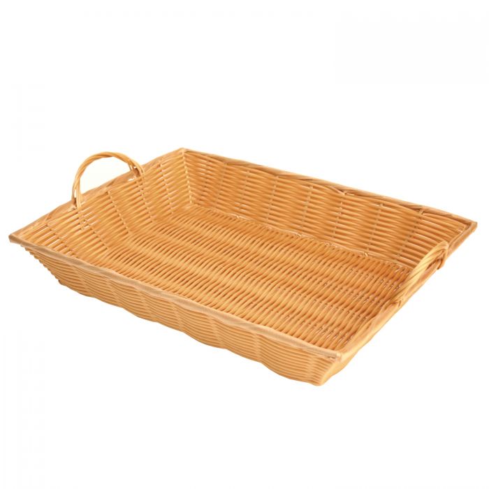 Thunder Group Hand-Woven Basket With Handle is a practical and durable solution for organizing items in various settings. Handwoven from break-resistant polypropylene, this basket is built to withstand frequent use while maintaining its structure and appearance. With a neutral tan color and stackable design, it blends seamlessly into diverse environments such as restaurants, hotels, retail spaces, and home interiors.