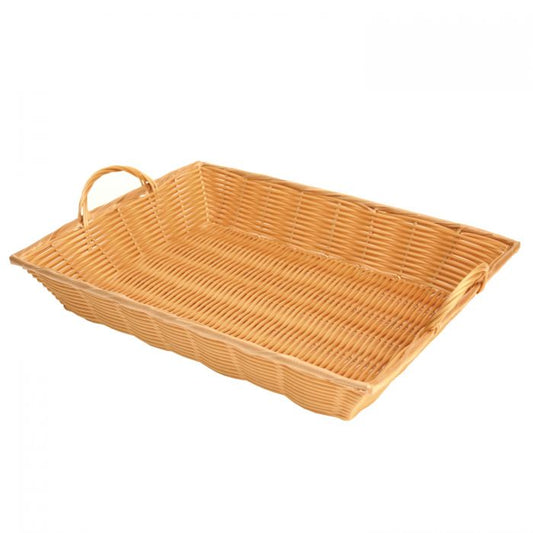 Thunder Group Hand-Woven Basket With Handle is a practical and durable solution for organizing items in various settings. Handwoven from break-resistant polypropylene, this basket is built to withstand frequent use while maintaining its structure and appearance. With a neutral tan color and stackable design, it blends seamlessly into diverse environments such as restaurants, hotels, retail spaces, and home interiors.