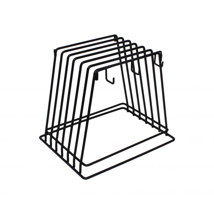 Thunder Group Sturdy, Powder-Coated Cutting Board Rack is trapeze in shape and produced for keeping cutting boards clean and sanitary. It is made of durable metal wire with a black finish. This rack includes 6 slots for cutting board and 6 brush hooks. The cutting board rack by Thunder Group has a reliable, sturdy construction for an exceptional comfort in use.