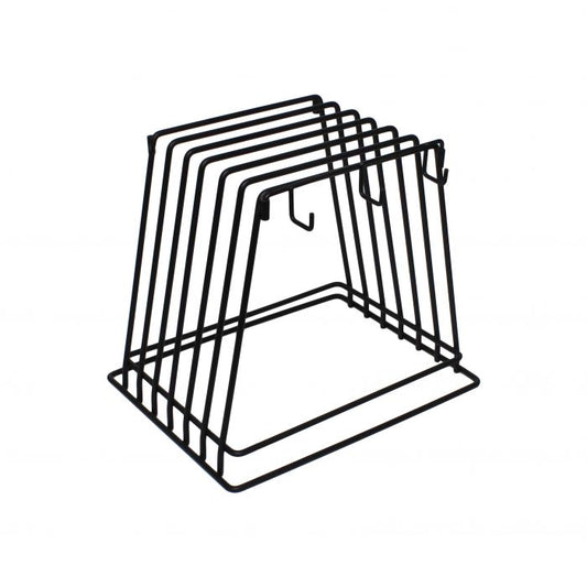 Thunder Group Sturdy, Powder-Coated Cutting Board Rack is trapeze in shape and produced for keeping cutting boards clean and sanitary. It is made of durable metal wire with a black finish. This rack includes 6 slots for cutting board and 6 brush hooks. The cutting board rack by Thunder Group has a reliable, sturdy construction for an exceptional comfort in use.