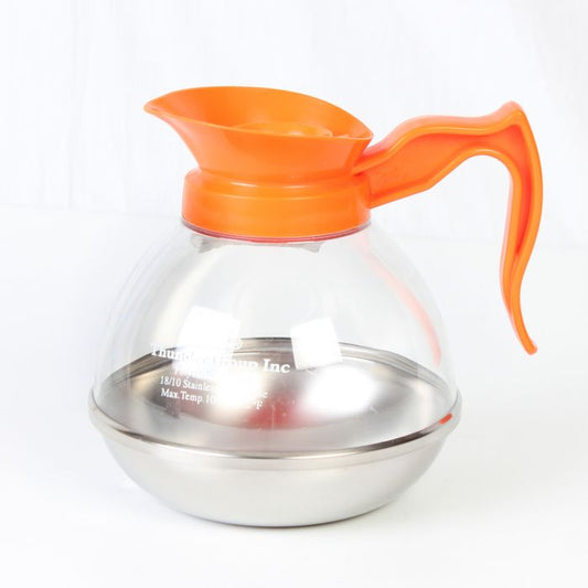 Thunder Group Decaf Coffee Decanter is a reliable, high-capacity solution for establishments that serve large volumes of coffee throughout the day. Built with commercial durability in mind, it features a break-resistant polycarbonate body and a stainless steel base, offering long-lasting performance in bustling cafes, diners, and office break rooms. Its plastic handle and top are designed for comfort and safe handling during fast-paced service. 