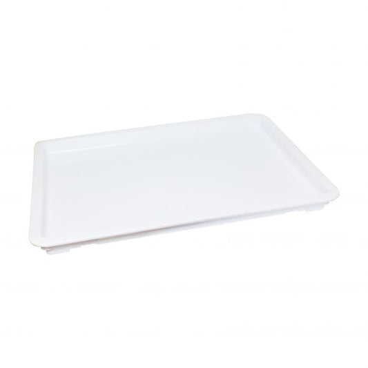 Thunder Group Lid For PLDB182603PP is used for keeping dough overnight, because it creates a sanitary storage system. This pizza dough cover is designed to fit the 18X26-inch pizza dough boxes. It is made of white polypropylene and has a rectangular shape.