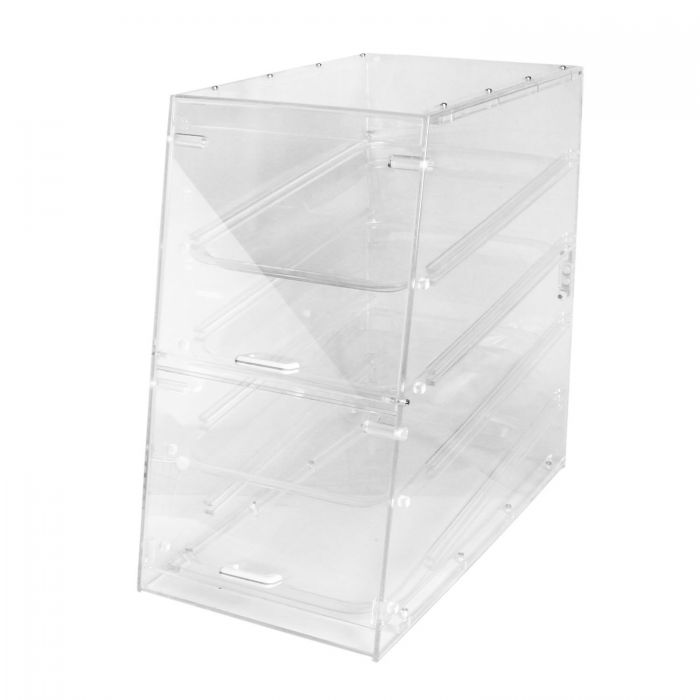 Thunder Group Pastry Display with 4 Trays is a thoughtfully crafted unit designed to enhance the presentation and accessibility of baked goods in commercial settings. Made from durable clear acrylic, it offers excellent visibility and insulation, keeping pastries fresh while showcasing them attractively. The sloped front encourages customer engagement, while hinged rear doors provide easy access for staff. 