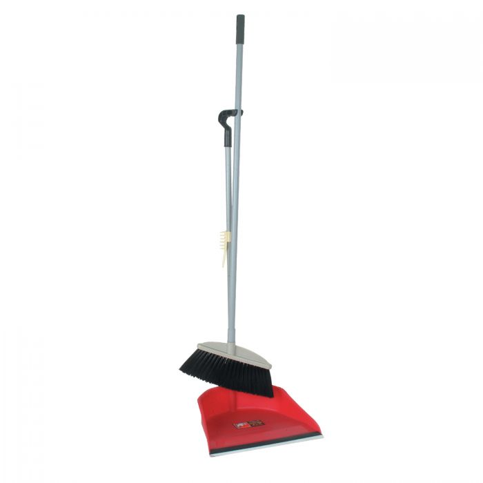 Thunder Group Broom Set 12/Pcs is great for use both indoors and outdoors. This set comes with a dust pan that has a flat surface and angled front edge to easily sweep even the smallest dirt particles. Built with a long handle, this dust pan and broom provides a comfortable grip for ease of handling. For added convenience, the broom attaches to the dustpan for easy storage and retrieval.