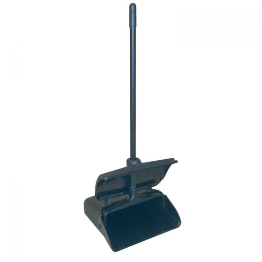 Thunder Group Dust Pan with Windbreak Cover is a must-have cleaning tool for restaurants, hotel lobbies, and banquet halls. Made from durable plastic with a sharply angled front edge, this lobby dust pan allows you to sweep more dirt residue into the pan. Thanks to its long, easy-grip handle, this dust pan is comfortable to use since you won't have to bend or stoop. Built with a self-opening and closing lid, this dust pan conceals dirt and dust from your guests.
