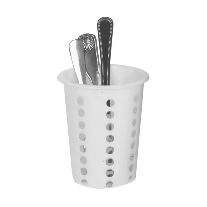 Thunder Group Flatware Cylinder With Outer Lip can be used to safely store and organize your cutlery. This flatware cylinder has meticulously placed perforations to keep your knives, spoons, and forks properly aerated and dry. Made from durable plastic, this flatware cylinder is easy to clean and will withstand years of use. Perfect for high-volume settings, this perforated flatware cylinder fits perfectly into a cutlery holder.