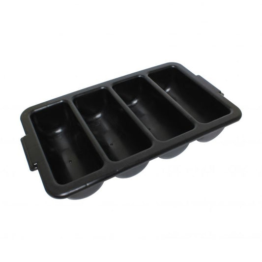Thunder Group Four Compartment Cutlery Box is an excellent addition to any restaurant or food service facility, this piece improves the efficiency of your establishment by allowing your staff to quickly assemble dinnerware for guests at a faster service time. This NSF listed cutlery box is made from polypropylene which is shatter proof and is designed to withstand a wide range of temperatures. 