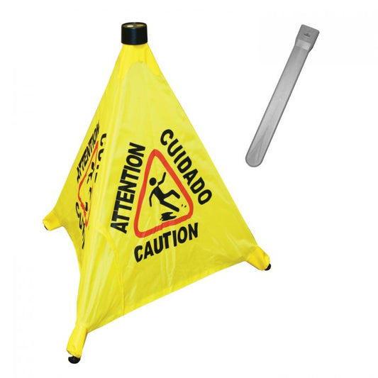 Thunder Group Pop-Up Safety Cone with Storage Tube can be used to warn your customers to proceed with caution. This pop-up safety cone is made from bright yellow reflective fabric with a multi-lingual imprint to draw even more attention and increase safety. Designed to be folded easily and fit into its storage tube, this safety cone allows for easy and compact storing.