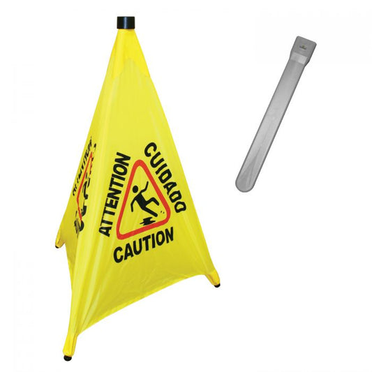 Thunder Group Pop-Up Safety Cone with Storage Tube can be used to warn your customers to proceed with caution. This pop-up safety cone is made from bright yellow reflective fabric with a multi-lingual imprint to draw even more attention and increase safety. Designed to be folded easily and fit into its storage tube, this safety cone allows for easy and compact storing.