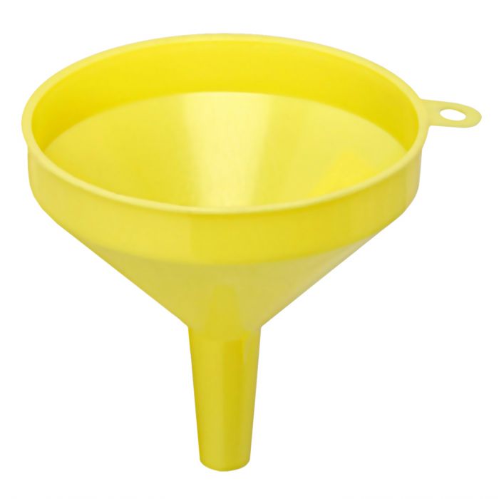 Thunder Group Yellow Color Funnel can be used to precise pouring is essential when transferring cooking oil, puree, or other liquids to another container. Featuring a wide base and narrow neck, this funnel is designed to fill narrow-mouth containers to prevent spillage. Thanks to its plastic construction, this funnel is easy to clean and exceptionally durable. For easy storage when not in use, this funnel comes with a hanging ring.