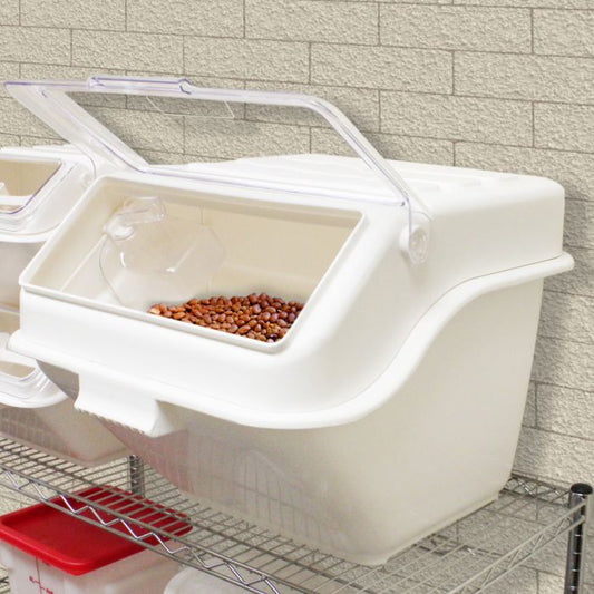 Thunder Group Shelf Ingredient Bin is an essential item for any commercial kitchen. With this ingredient bin you can store sugar, flour, rice etc. The clear one-handed lift and slide plastic cover allows you to see what is inside the bin for quick content identification. This ingredient bin with the scoop is designed to fit under standard worktables for space savings! They are stackable for easy storage to maximize your space. 
