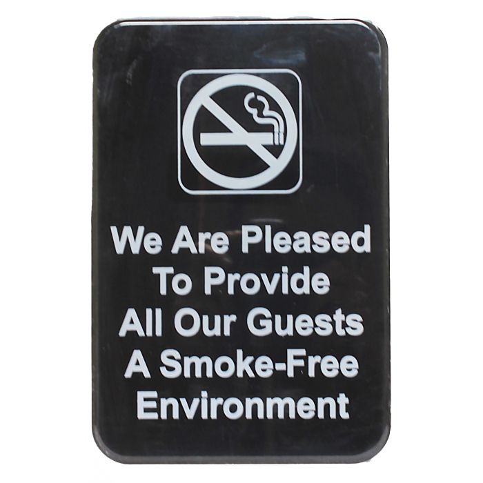 Thunder Group Information Sign with Symbol clearly informs your guests that smoking is not allowed in your commercial establishment. Designed with bold, white lettering set on a black background, this information sign is highly visible and its graphic symbol provides a clear message even at a glance.