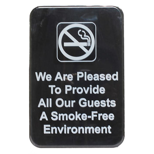Thunder Group Information Sign with Symbol clearly informs your guests that smoking is not allowed in your commercial establishment. Designed with bold, white lettering set on a black background, this information sign is highly visible and its graphic symbol provides a clear message even at a glance.