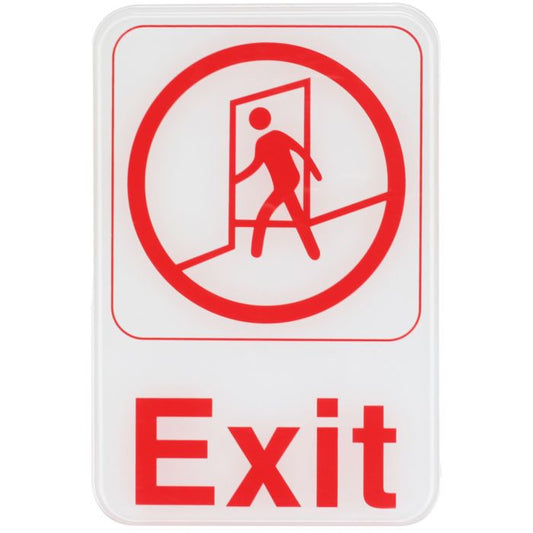 Thunder Group Information Sign with Symbol clearly indicates which doors lead to an exit. This information sign features a highly visible red lettering on a white background with a clear graphic symbol. Designed to prevent confusion in your commercial establishment. The sign features universal symbols and clear letters on anti-glare surfaces to give a professional, seamless look to any space.
