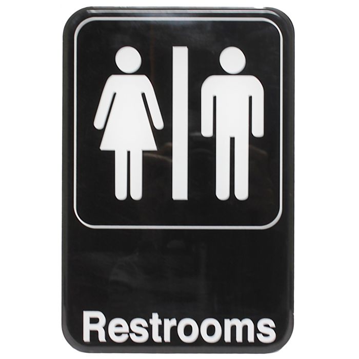 Thunder Group Information Sign with Symbol features bold, white lettering and a clear graphic image to easily get your message across even at a glance. Guide your guests to the location of both men's and women's bathrooms in your commercial establishment. The sign features universal symbols and clear letters on anti-glare surfaces to give a professional, seamless look to any space.