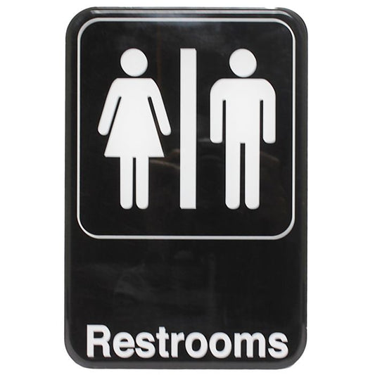 Thunder Group Information Sign with Symbol features bold, white lettering and a clear graphic image to easily get your message across even at a glance. Guide your guests to the location of both men's and women's bathrooms in your commercial establishment. The sign features universal symbols and clear letters on anti-glare surfaces to give a professional, seamless look to any space.